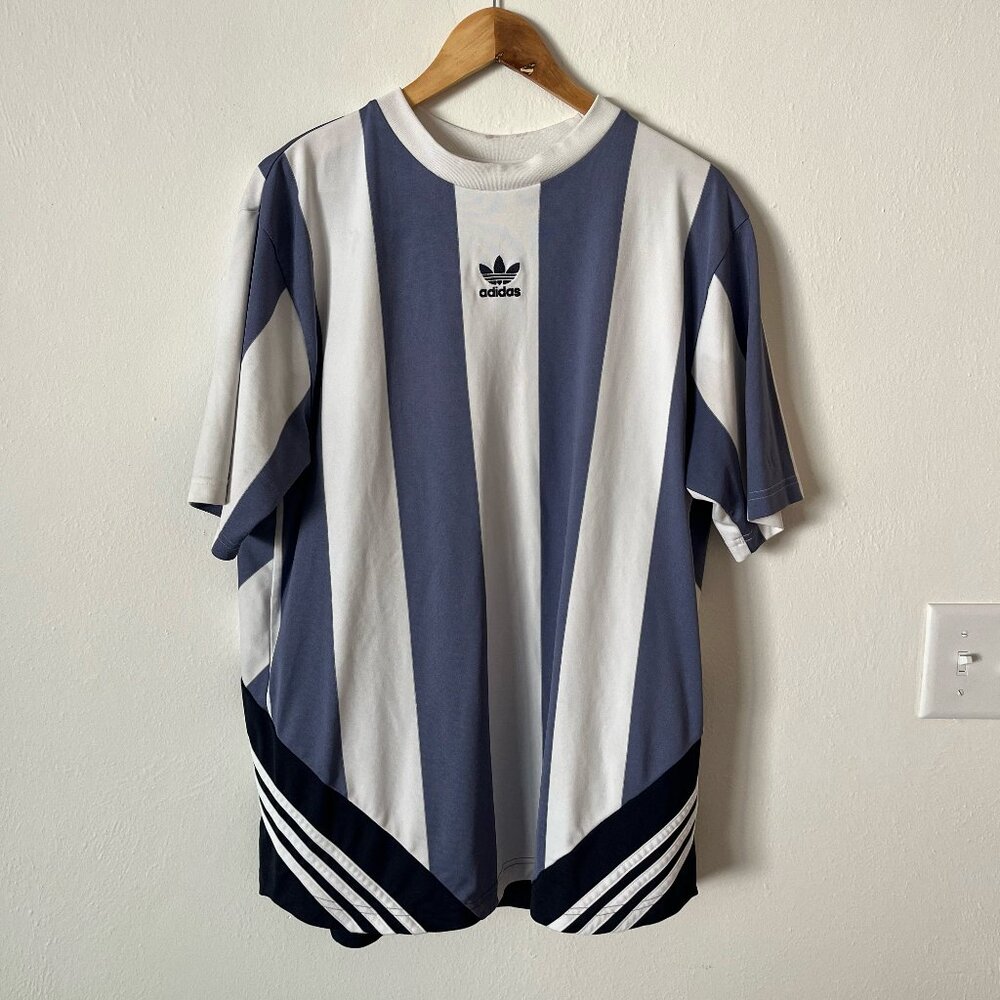 Adidas Rival Goalie Tee 3 Striped Soccer Jersey Raw Indigo‎ White Size Large